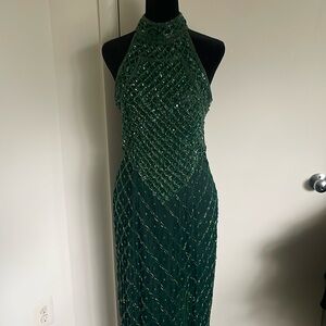 Scala Vintage 90’s Emerald Beaded Silk Halter-neck Evening Gown